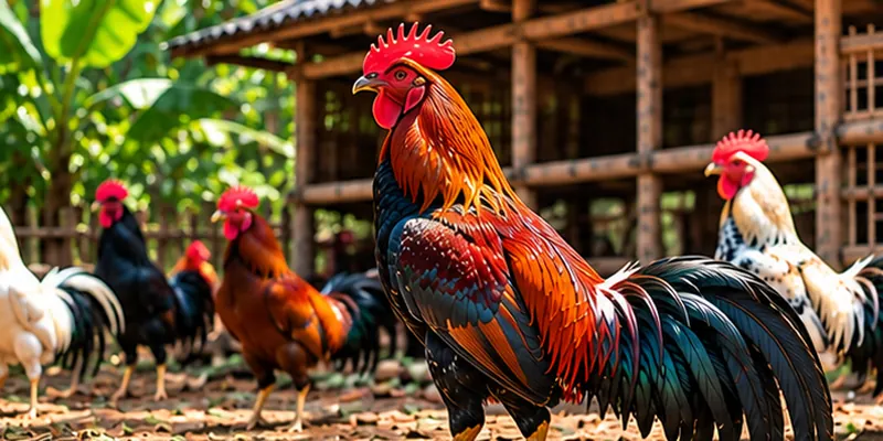 Different rooster breeds display colorful feather patterns around a countryside farm.